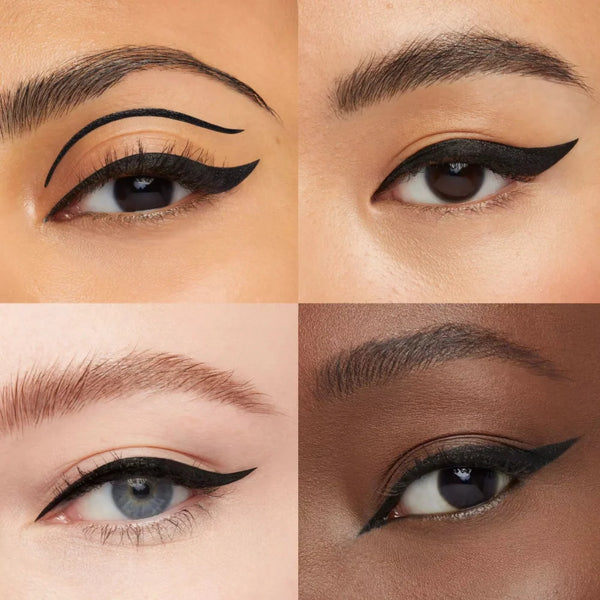 Liquid eyeliner swatches on eyelids with winged black lines