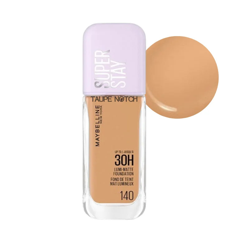 Maybelline Super Stay 30H foundation bottle, shade 140, with swatch circle