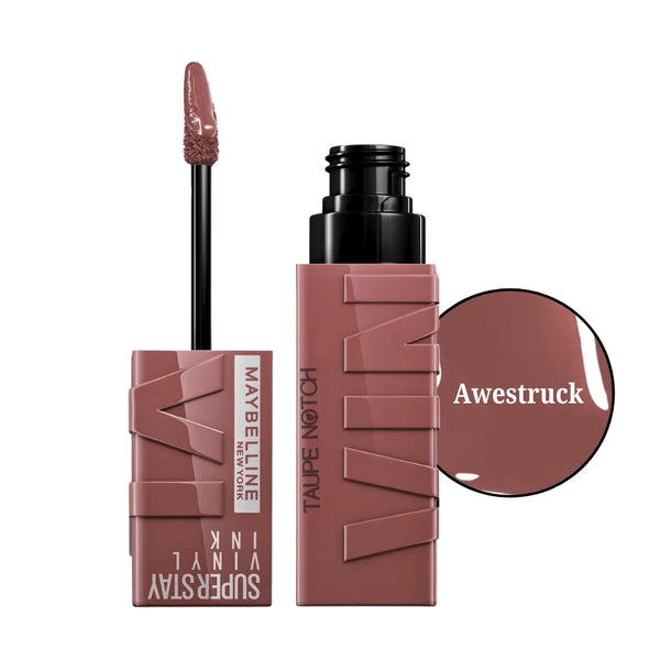 Liquid lip color in Awestruck taupe-brown, black applicator wand and glossy tip
