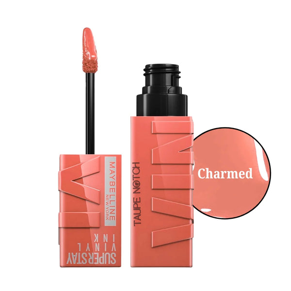 Liquid lip color in Charmed coral, black applicator wand and glossy tip