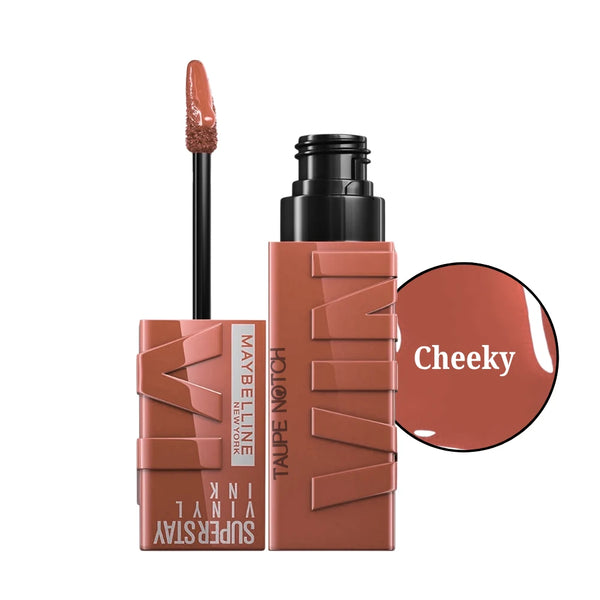 Liquid lip color in Cheeky mauve, black applicator wand and glossy tip