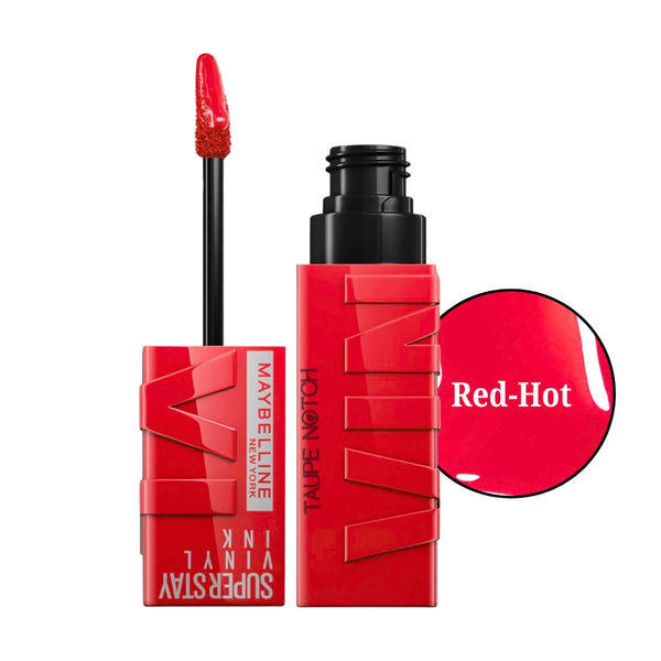 Liquid lipstick in Red-Hot vivid red, with doe-foot applicator and capped tube