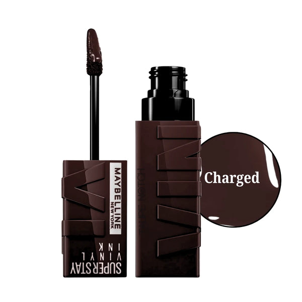 Liquid lipstick in Charged dark brown, with doe-foot applicator and capped tube