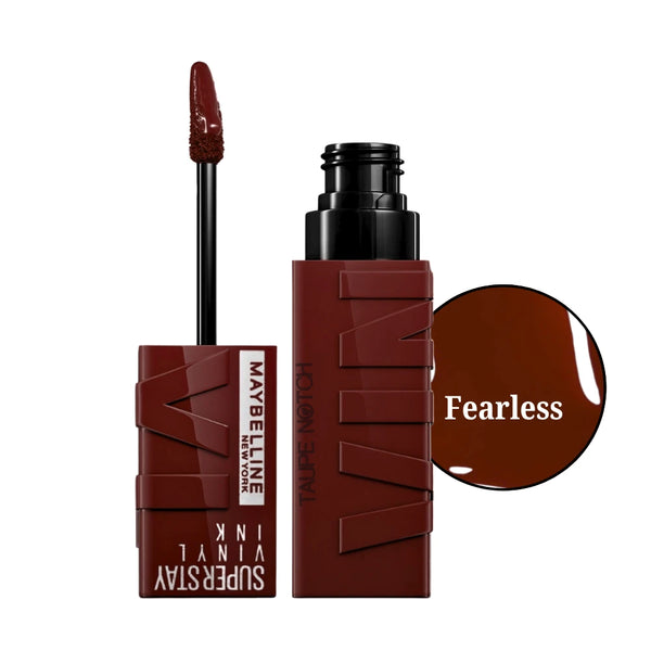 Liquid lipstick in Fearless rich brown, with doe-foot applicator and capped tube