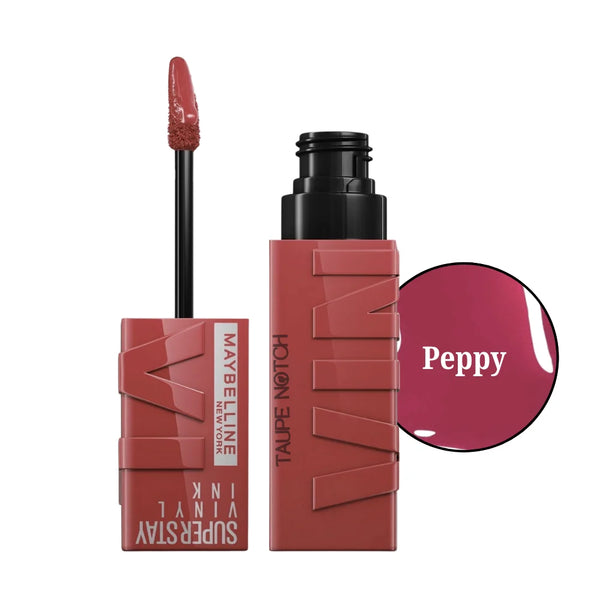 Liquid lipstick in Peppy dusty rose, with doe-foot applicator and capped tube