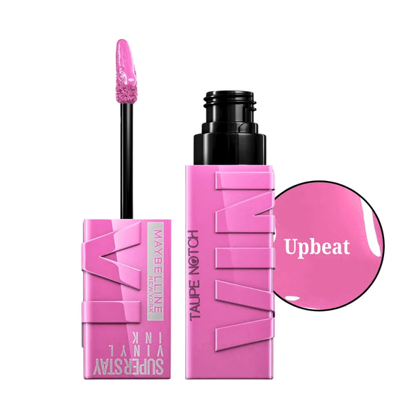 Liquid lip color in Upbeat pink, black applicator wand and glossy tip