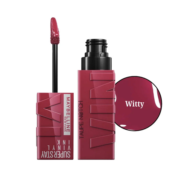Liquid lip color in Witty burgundy, black applicator wand and glossy tip