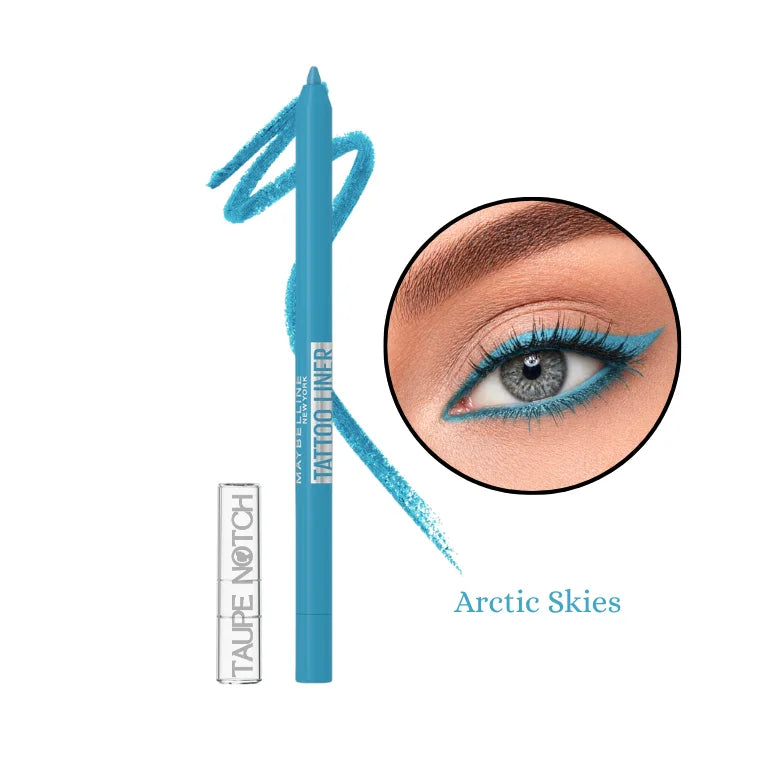 Longwear waterproof gel eyeliner pencil, light blue shade with winged stroke