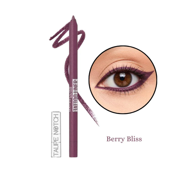 Longwear waterproof gel eyeliner pencil in Berry Bliss; plum-purple pencil and berry swatch.