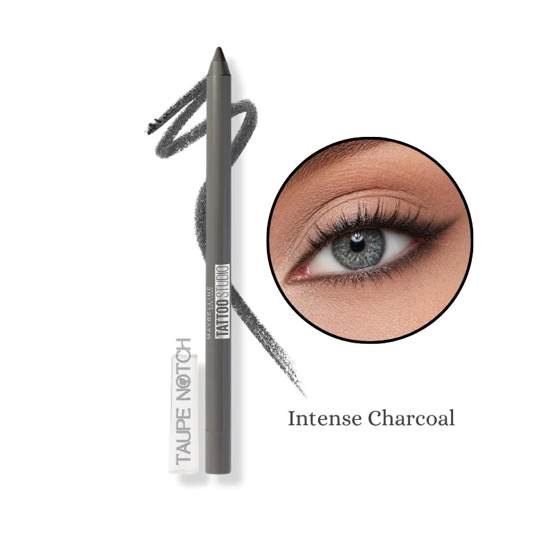 Longwear waterproof gel eyeliner pencil in Intense Charcoal; gray pencil and charcoal swatch.