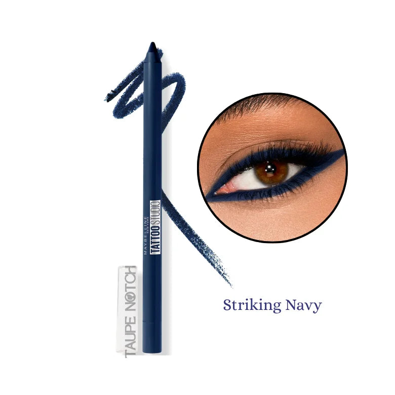 Longwear waterproof gel eyeliner pencil, deep navy shade with winged line