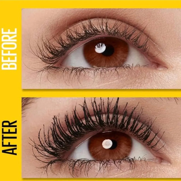 Eye with dark lashes before and after applying black mascara