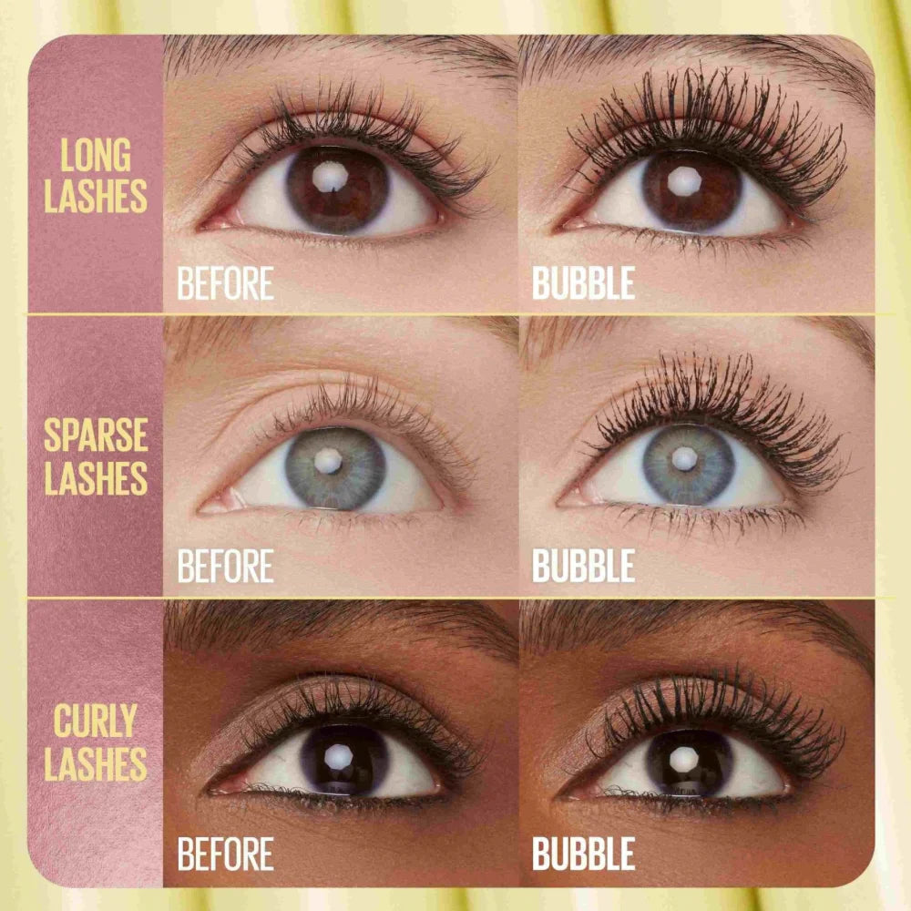 Eyelash close-up showing longer, curled lashes after bubble mascara application