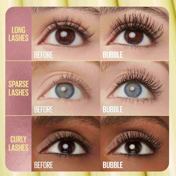 Eyelash close-up showing longer, curled lashes after bubble mascara application