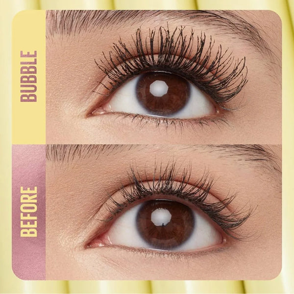 Two eye close-ups showing mascara effect: upper lashes more defined after application