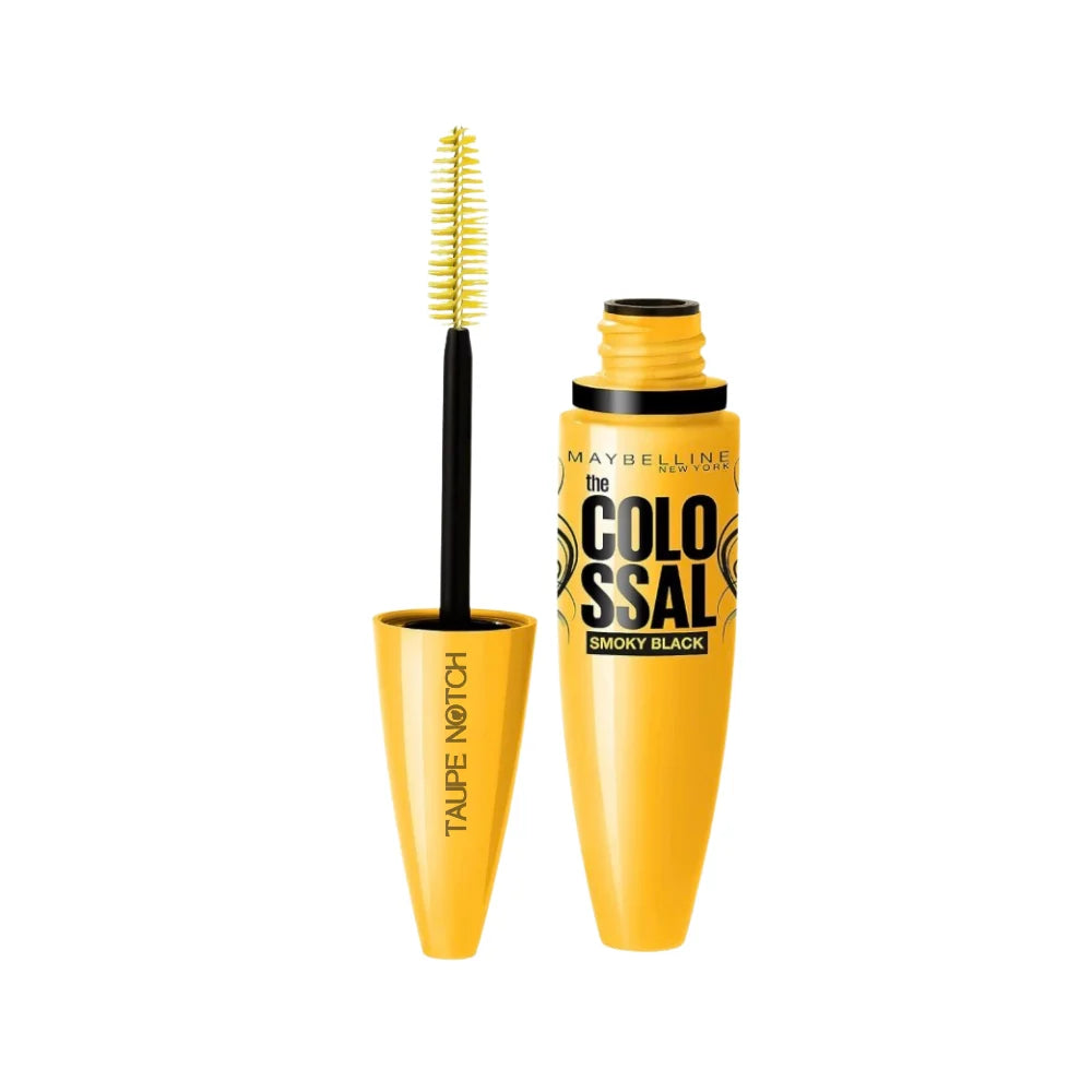 Maybelline Colossal smoky black mascara tube with wand applicator, yellow-gold packaging