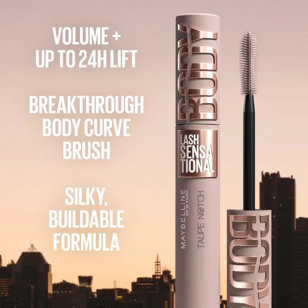 Lifting mascara tube with upright brush, taupe-toned design and cap.