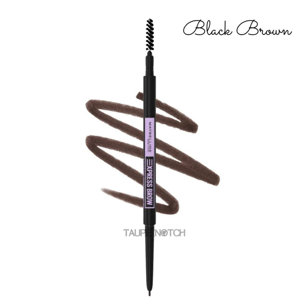 Eyebrow pencil in Black Brown with spoolie brush and dark brown swatches