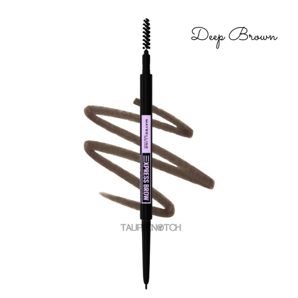 Eyebrow pencil in Deep Brown with spoolie brush and deep brown swatches