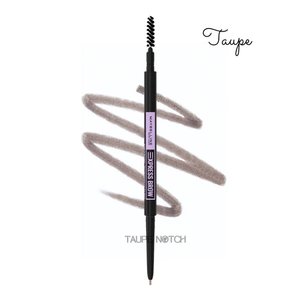 Eyebrow pencil in Taupe with spoolie brush and taupe swatches