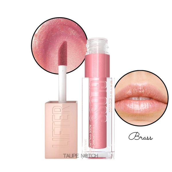 Maybelline hyaluronic lip gloss in Brass, rosy bronze shimmer gloss on lips and applicator.
