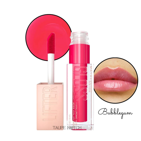 Lip gloss in Bubblegum shade, clear tube with bright pink tint and doe-foot applicator; glossy lips close-up.