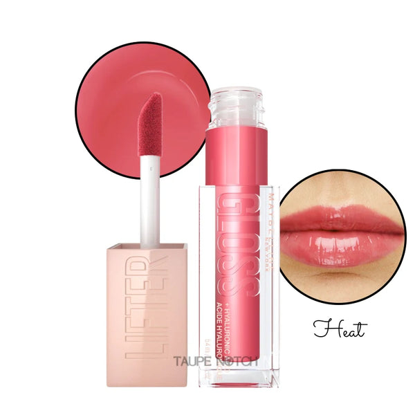Lip gloss in Heat shade, clear tube with pink-red tint and doe-foot applicator; glossy lips close-up.