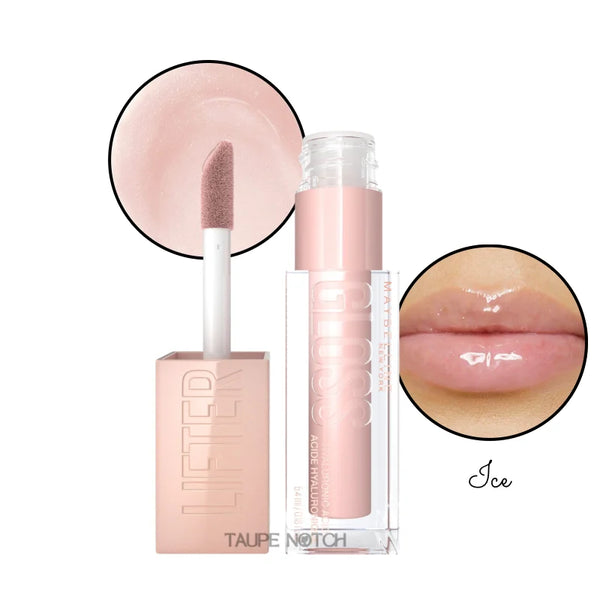 Maybelline hyaluronic lip gloss in Ice, pink nude gloss with shine on lips and applicator.