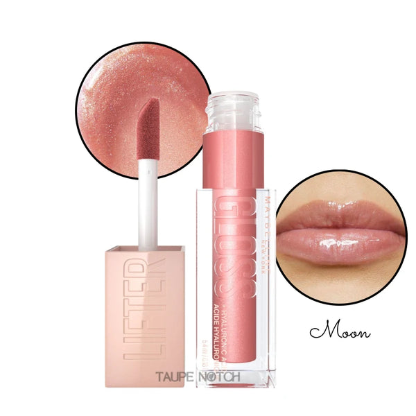 Maybelline hyaluronic lip gloss in Moon, rosy pink shimmer gloss on lips and wand.