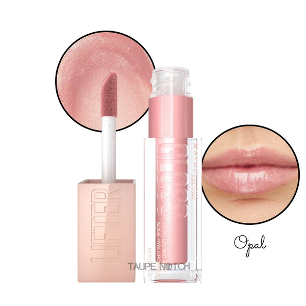 Maybelline hyaluronic lip gloss in Opal, pale pink glossy shimmer on lips and wand.