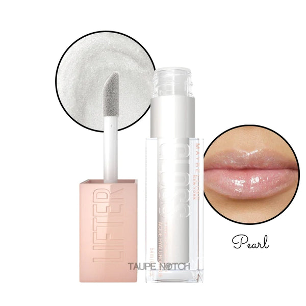 Maybelline hyaluronic lip gloss in Pearl, glossy nude-pearl shimmer on lips and wand.