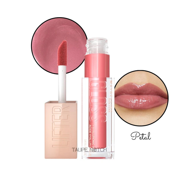 Maybelline hyaluronic lip gloss in Petal, mauve-pink glossy shimmer on lips and wand.