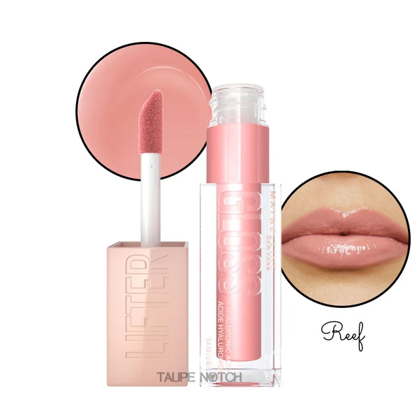 Maybelline hyaluronic lip gloss in Reef, light pink nude gloss with wet shine on lips.