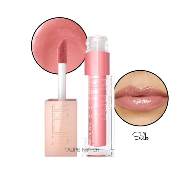Maybelline hyaluronic lip gloss in Silk, soft pink satin shimmer on lips and applicator.