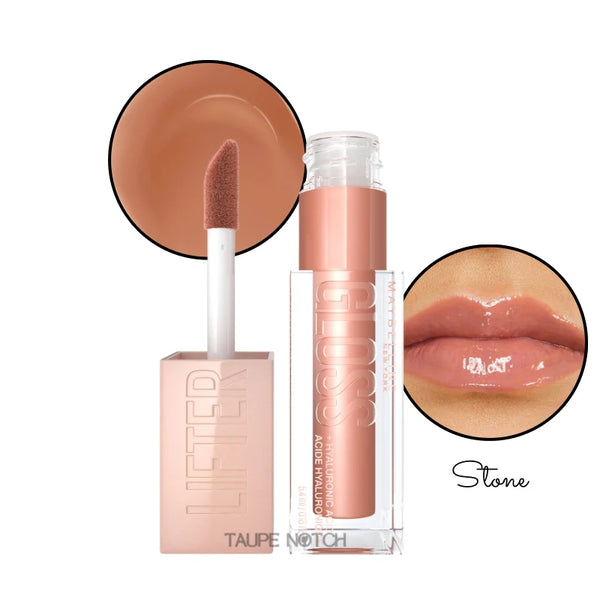 Maybelline hyaluronic lip gloss in Stone, warm nude gloss with glossy shine on lips.