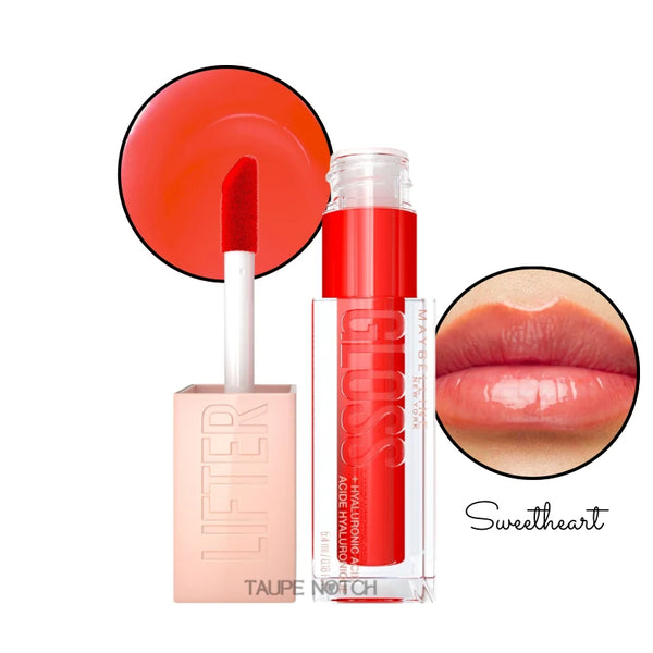 Lip gloss in Sweetheart shade, clear tube with red-orange tint and doe-foot applicator; glossy lips close-up.