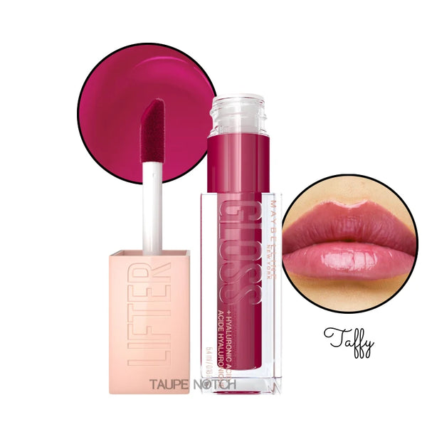 Lip gloss in Taffy shade, clear tube with deep fuchsia tint and doe-foot applicator; glossy lips close-up.