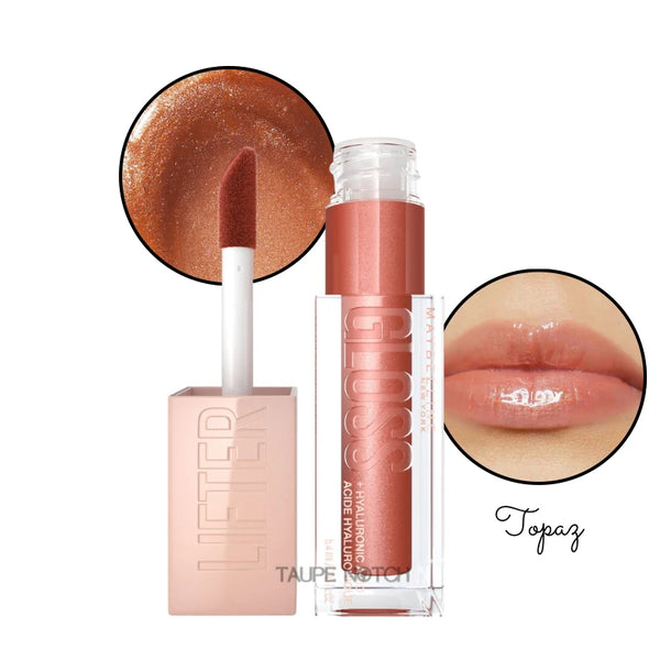 Maybelline hyaluronic lip gloss in Topaz, warm rose-gold shimmer gloss on lips and wand.