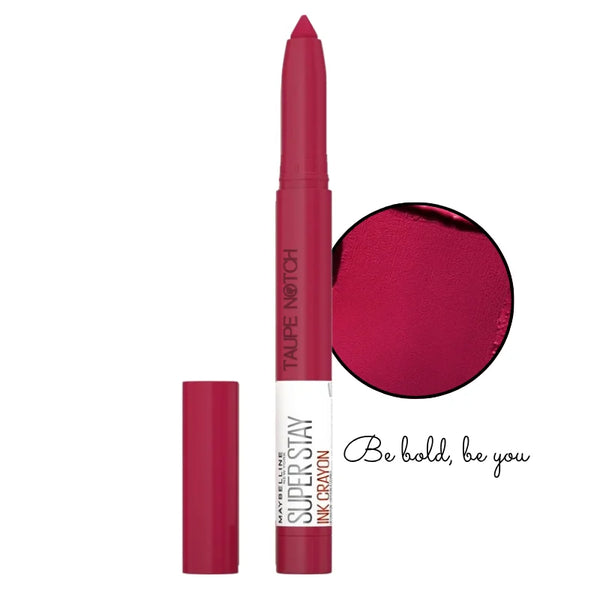 Fuchsia lip crayon lipstick, open tip and cap, shade 