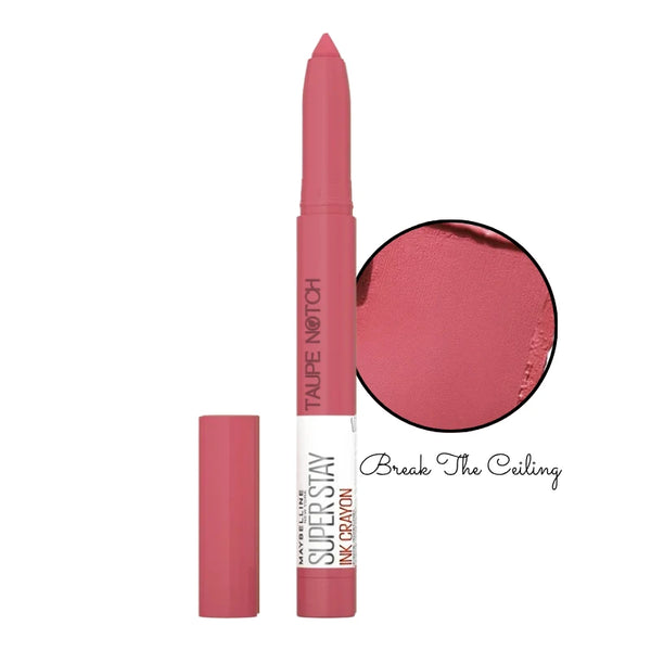 Dusty rose lip crayon lipstick, open tip and cap, shade 