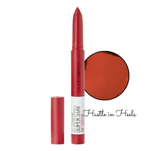 Matte lip crayon lipstick in warm red tone with color swatch