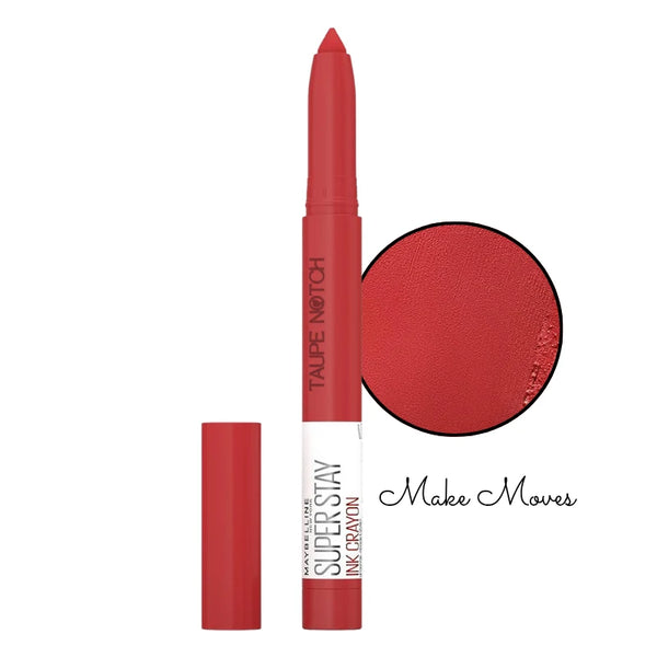 Matte lip crayon lipstick in brick red tone with color swatch