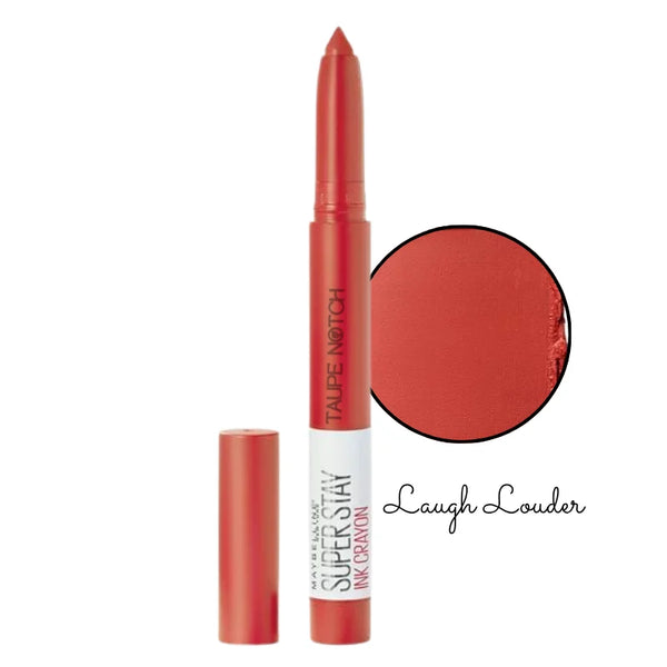 Matte lip crayon lipstick in coral red tone with color swatch