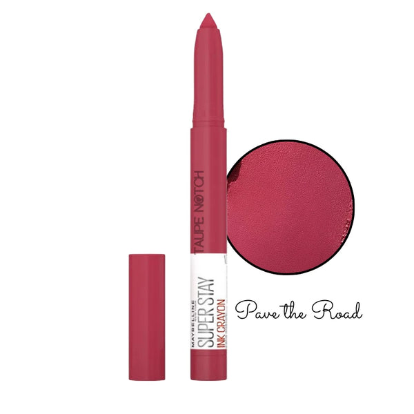 Muted fuchsia lip crayon lipstick, open tip and cap, shade 