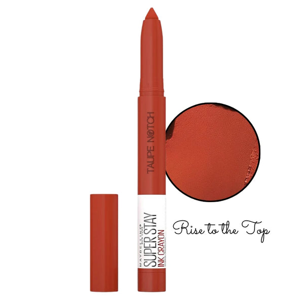 Matte lip crayon lipstick in burnt orange tone with color swatch