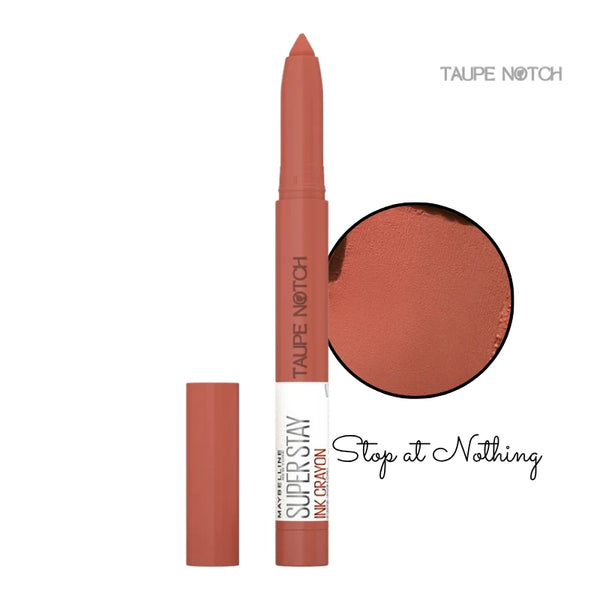 Taupe brown lip crayon lipstick, open tip and cap, shade 