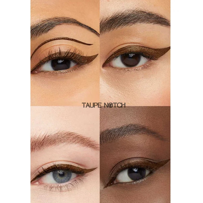 Liquid eyeliner swatches on eyelids with taupe-brown winged lines