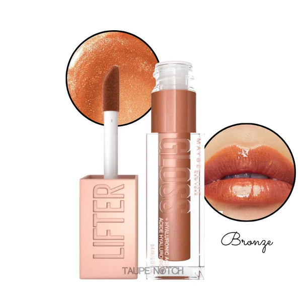 Lip gloss in Bronze shade, clear tube with rose-brown tint and doe-foot applicator; glossy lips close-up.