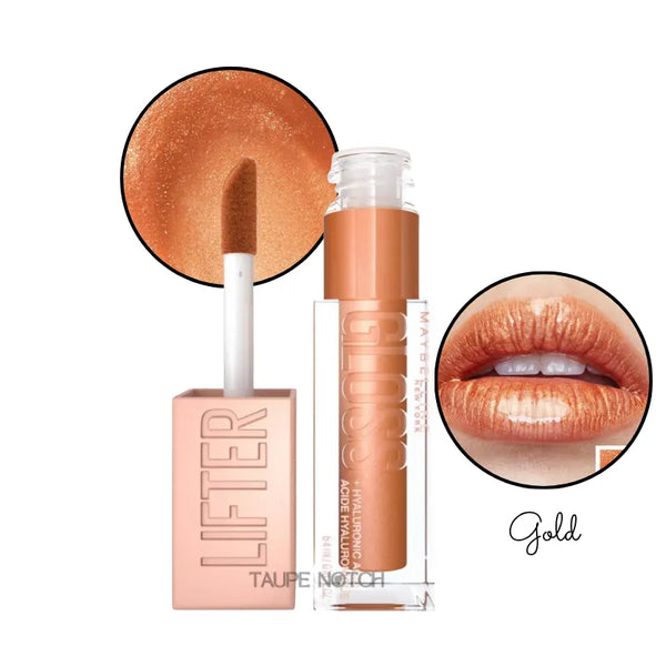 Lip gloss in Gold shade, clear tube with warm golden tint and doe-foot applicator; glossy lips close-up.