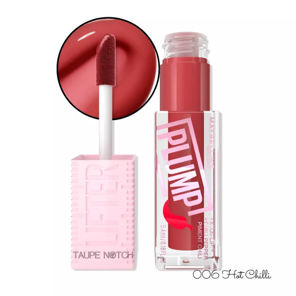 Plumping lip gloss in Hot Chilli shade; deep red-pink tube with applicator wand and swatch.
